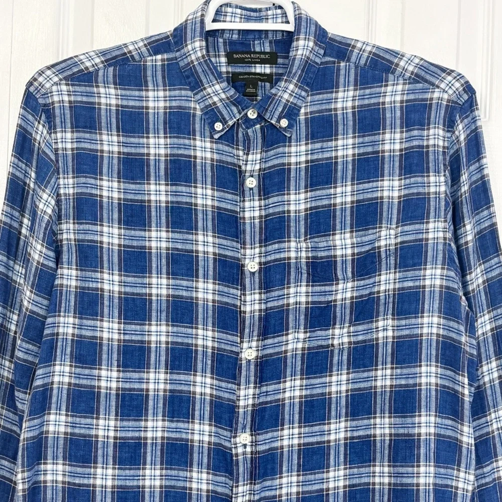 Banana Republic Blue Plaid 100% Linen Camden Standard Fit Shirt Large
